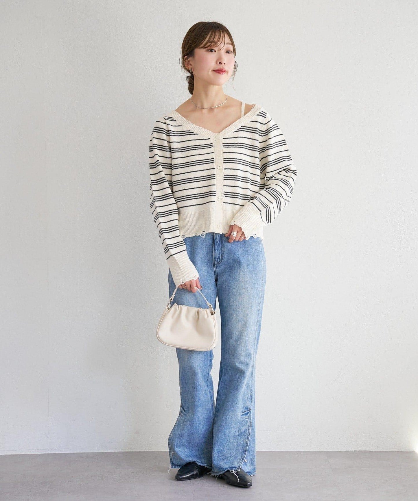 B 條紋做舊 針織開衫 B款
