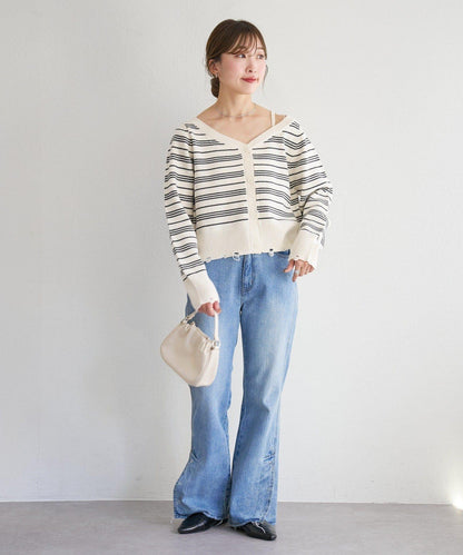 B 條紋做舊 針織開衫 B款