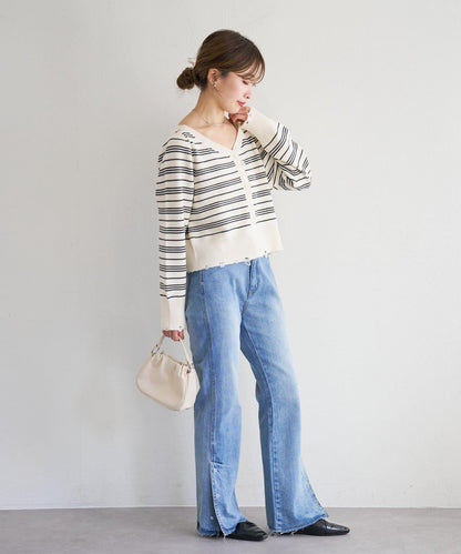 B 條紋做舊 針織開衫 B款