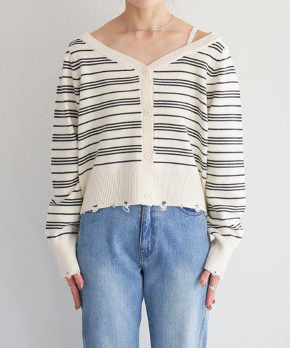 B 條紋做舊 針織開衫 B款