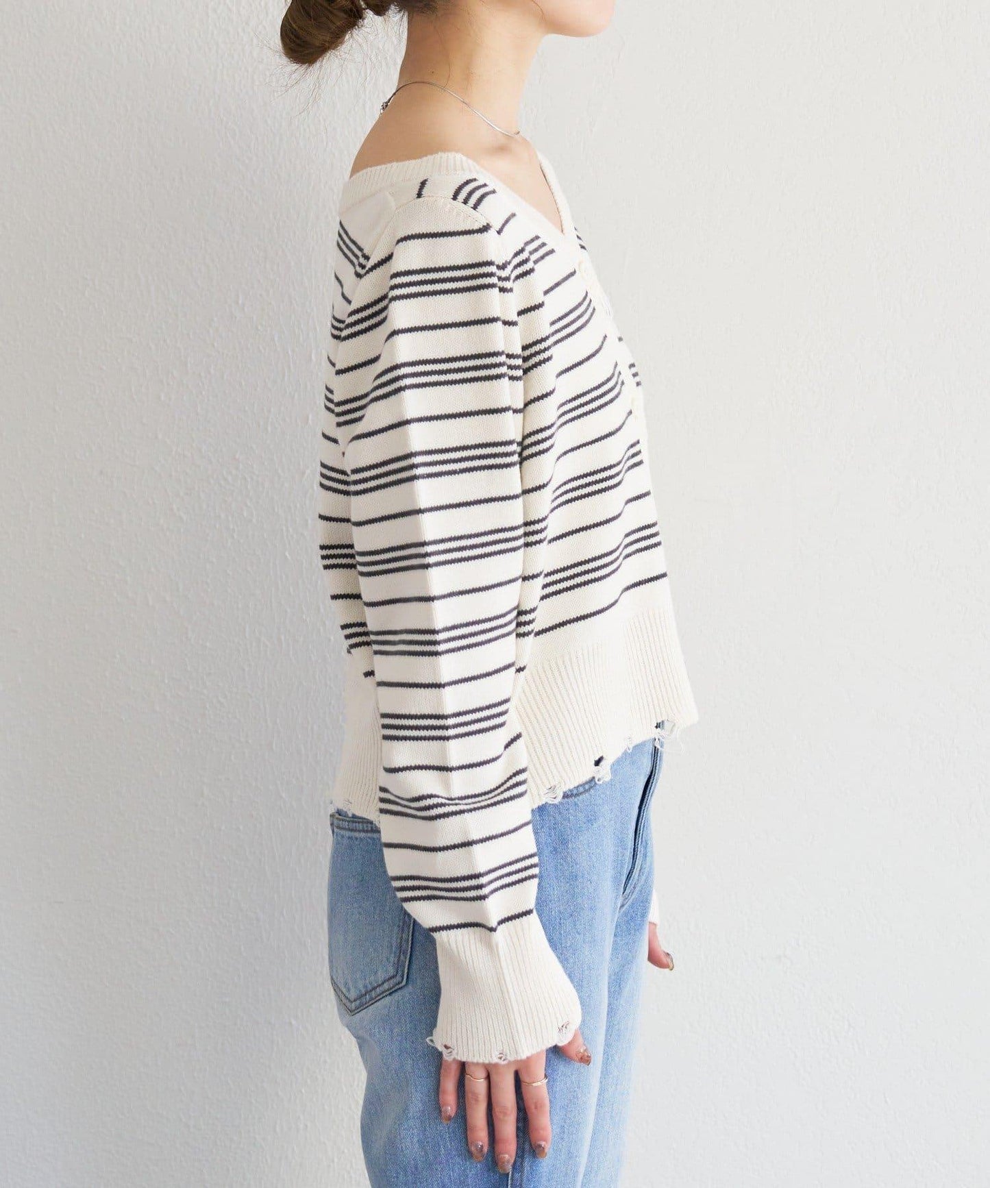 B 條紋做舊 針織開衫 B款