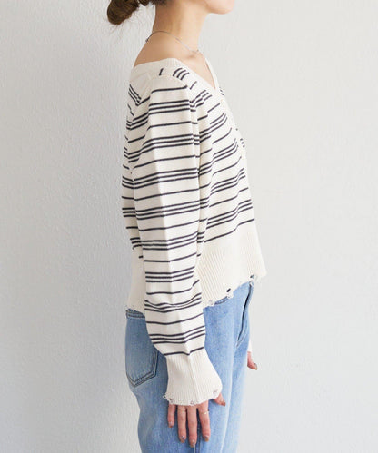 B 條紋做舊 針織開衫 B款