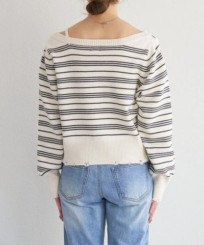 B 條紋做舊 針織開衫 B款