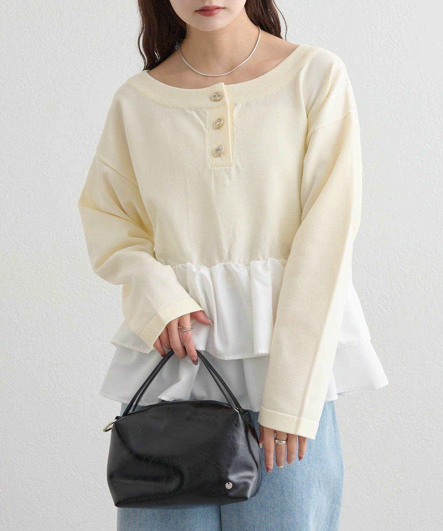 荷葉邊亨利領針織上衣