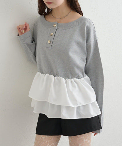 荷葉邊亨利領針織上衣