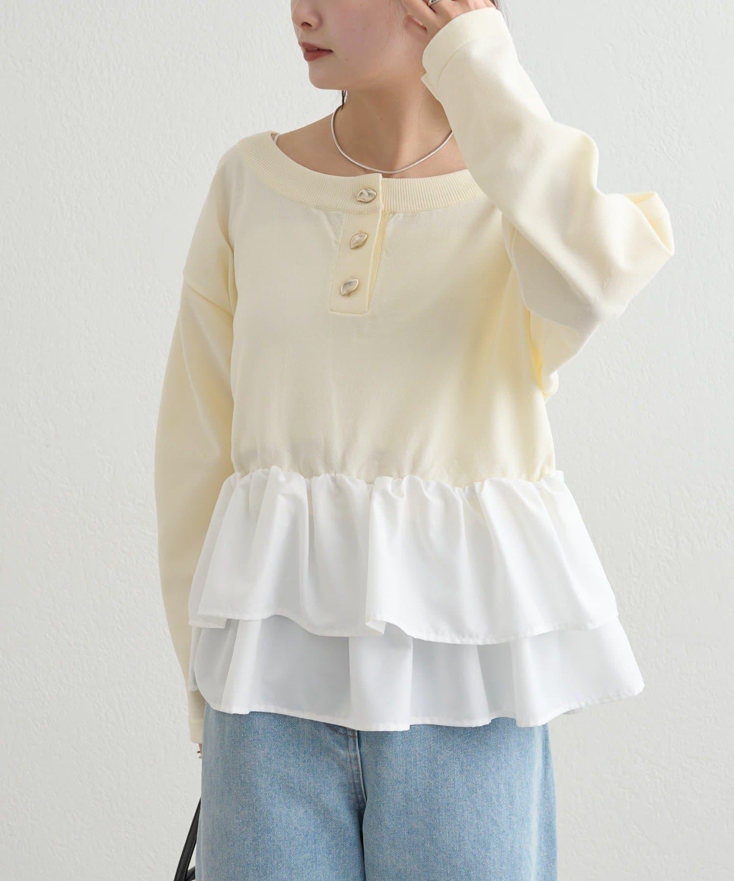 荷葉邊亨利領針織上衣