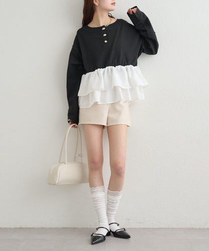 荷葉邊亨利領針織上衣