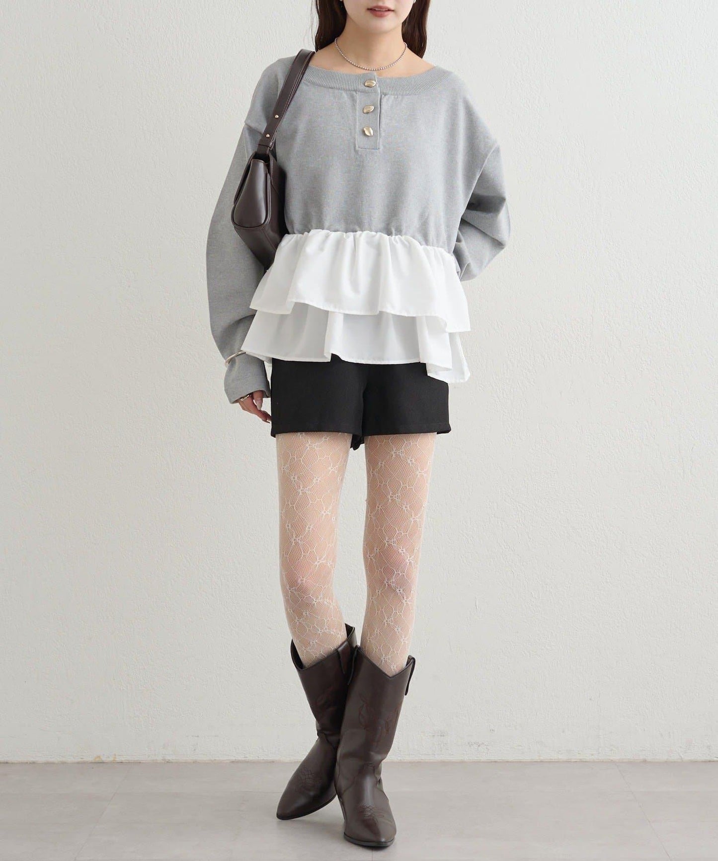 荷葉邊亨利領針織上衣