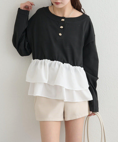 荷葉邊亨利領針織上衣