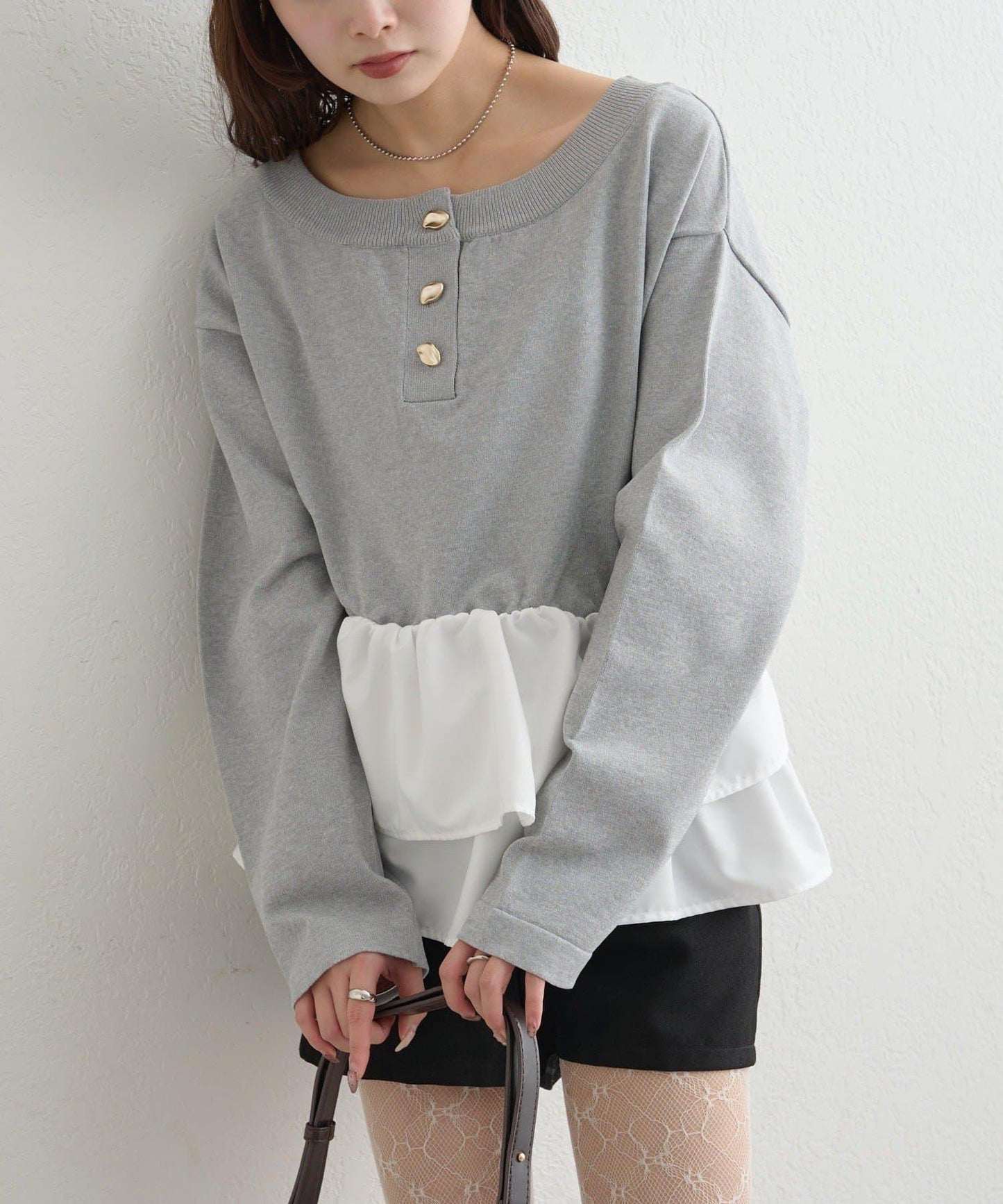 荷葉邊亨利領針織上衣