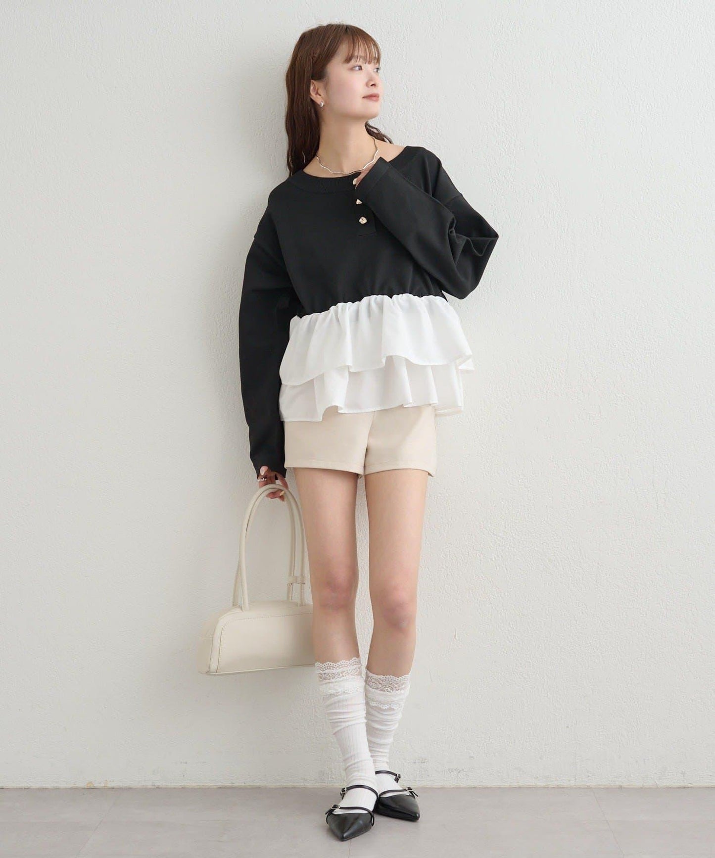 荷葉邊亨利領針織上衣