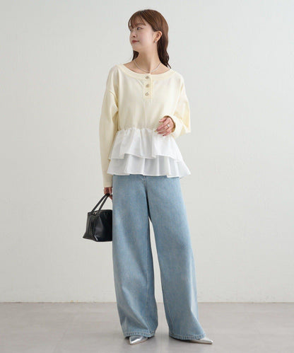 荷葉邊亨利領針織上衣