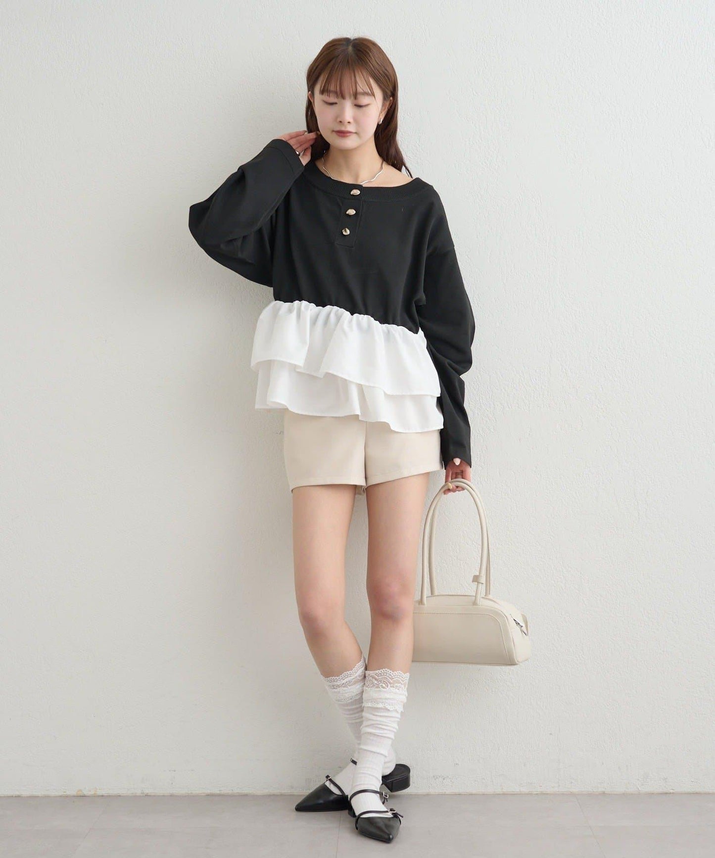 荷葉邊亨利領針織上衣