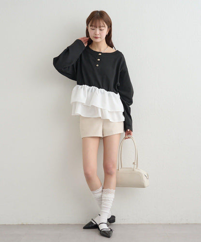 荷葉邊亨利領針織上衣