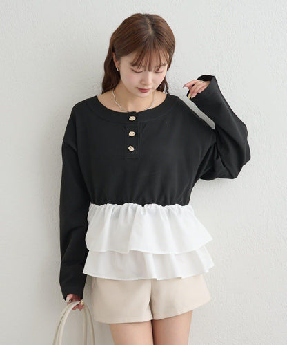 荷葉邊亨利領針織上衣