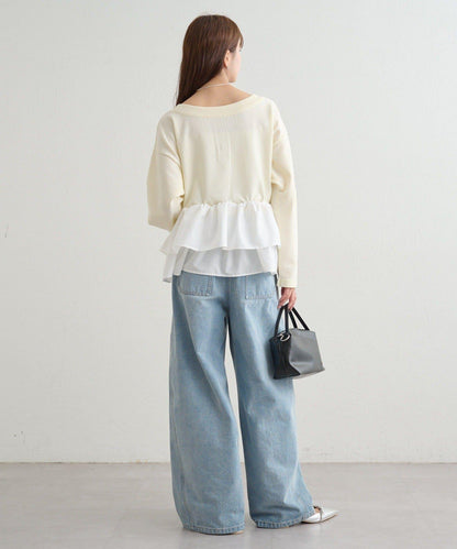 荷葉邊亨利領針織上衣