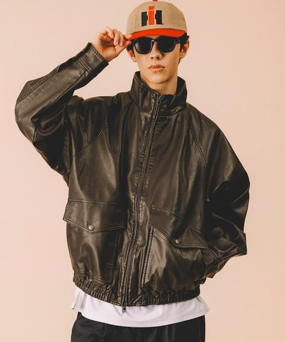 水洗做舊 仿皮質感 立領 拉鍊 短款外套