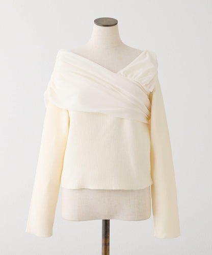 異材質拼接 一字肩 針織上衣