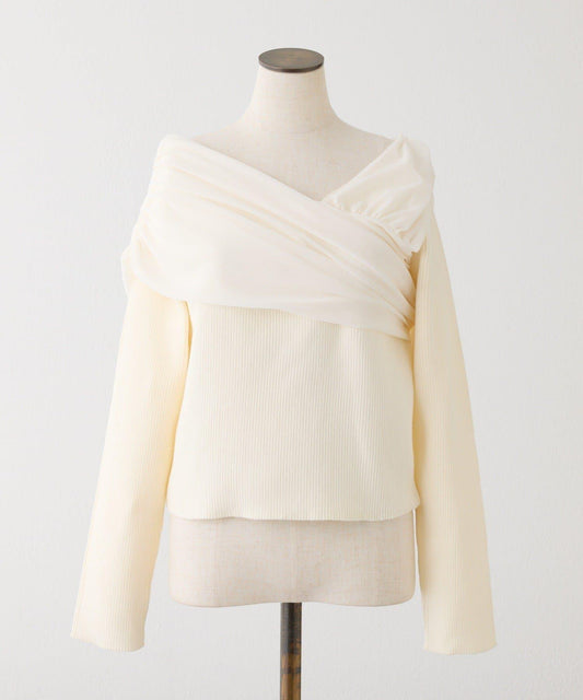 異材質拼接 一字肩 針織上衣