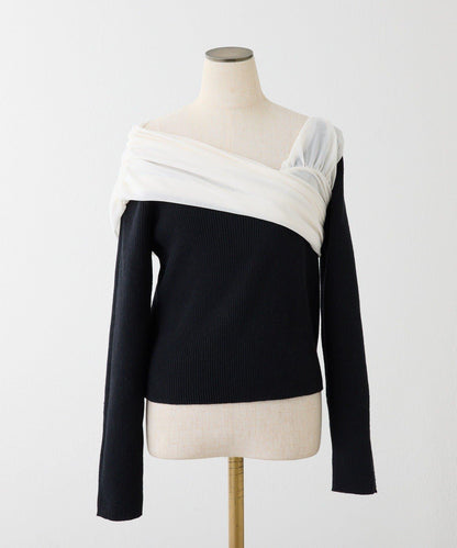 異材質拼接 一字肩 針織上衣