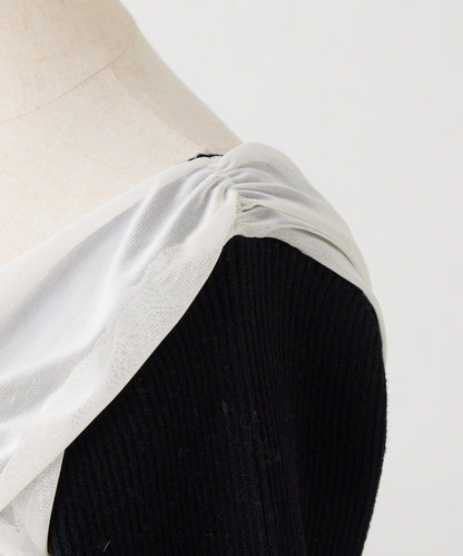 異材質拼接 一字肩 針織上衣