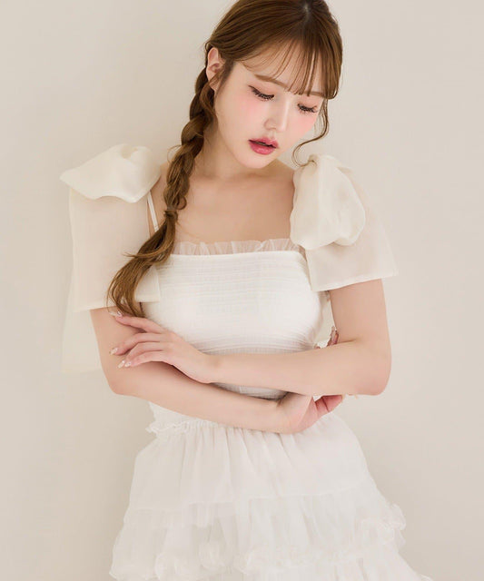 肩部可拆卸蝴蝶結 抽褶設計 帶胸墊 內搭上衣