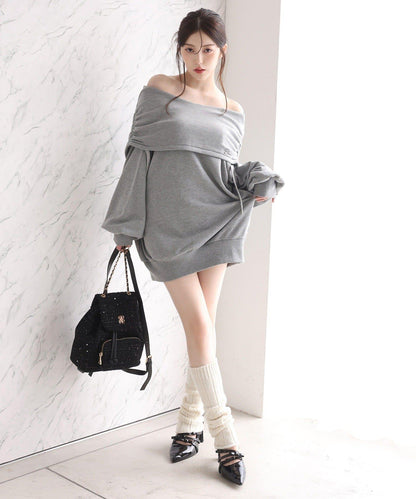 露肩連帽衛衣連衣裙