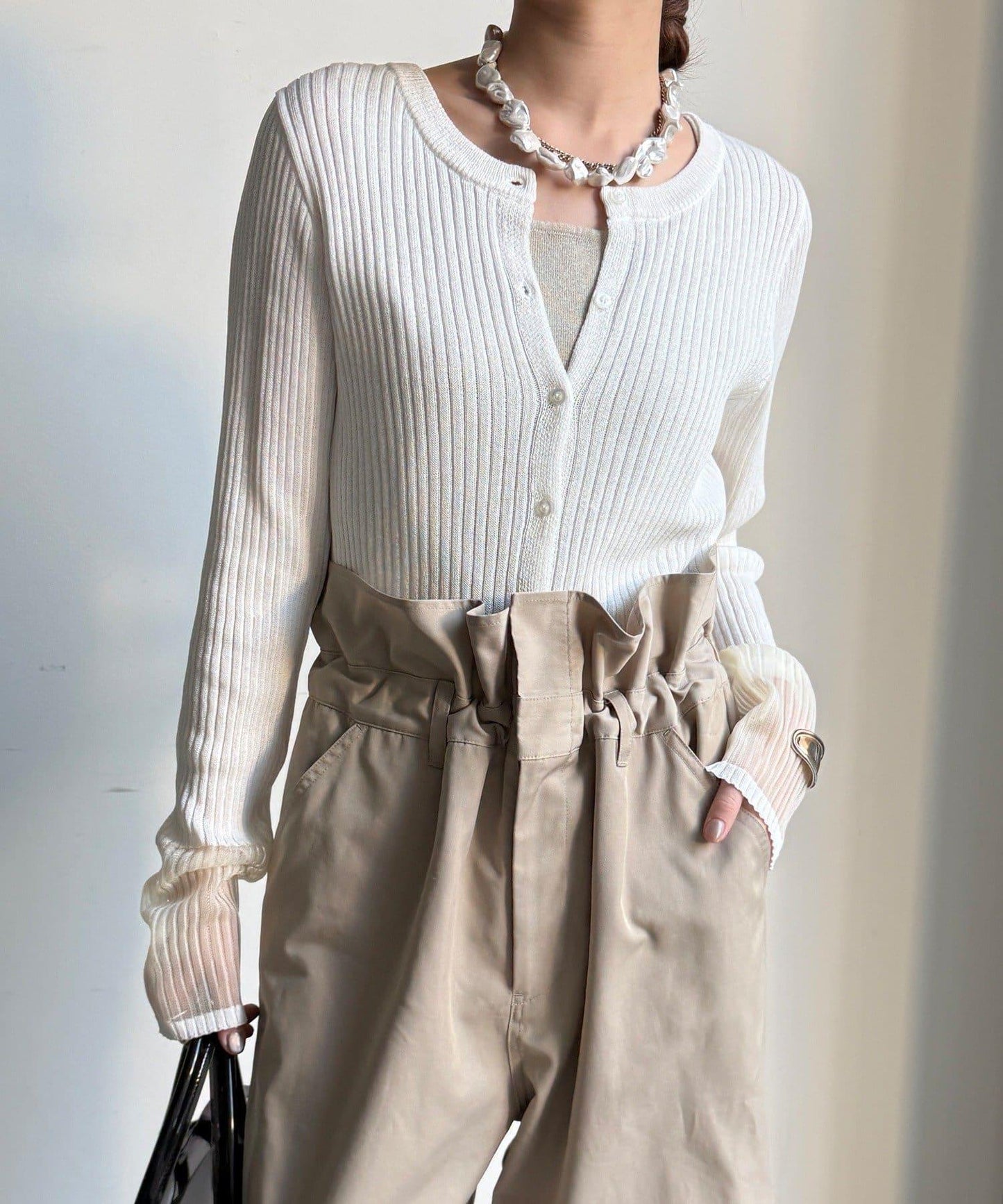 袖部透紗拼接羅紋針織開衫