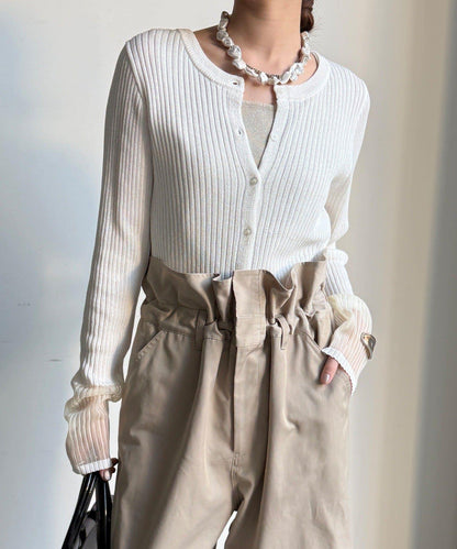 袖部透紗拼接羅紋針織開衫