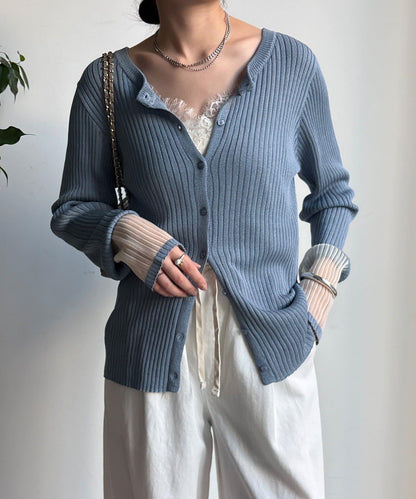 袖部透紗拼接羅紋針織開衫