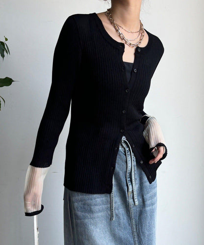 袖部透紗拼接羅紋針織開衫