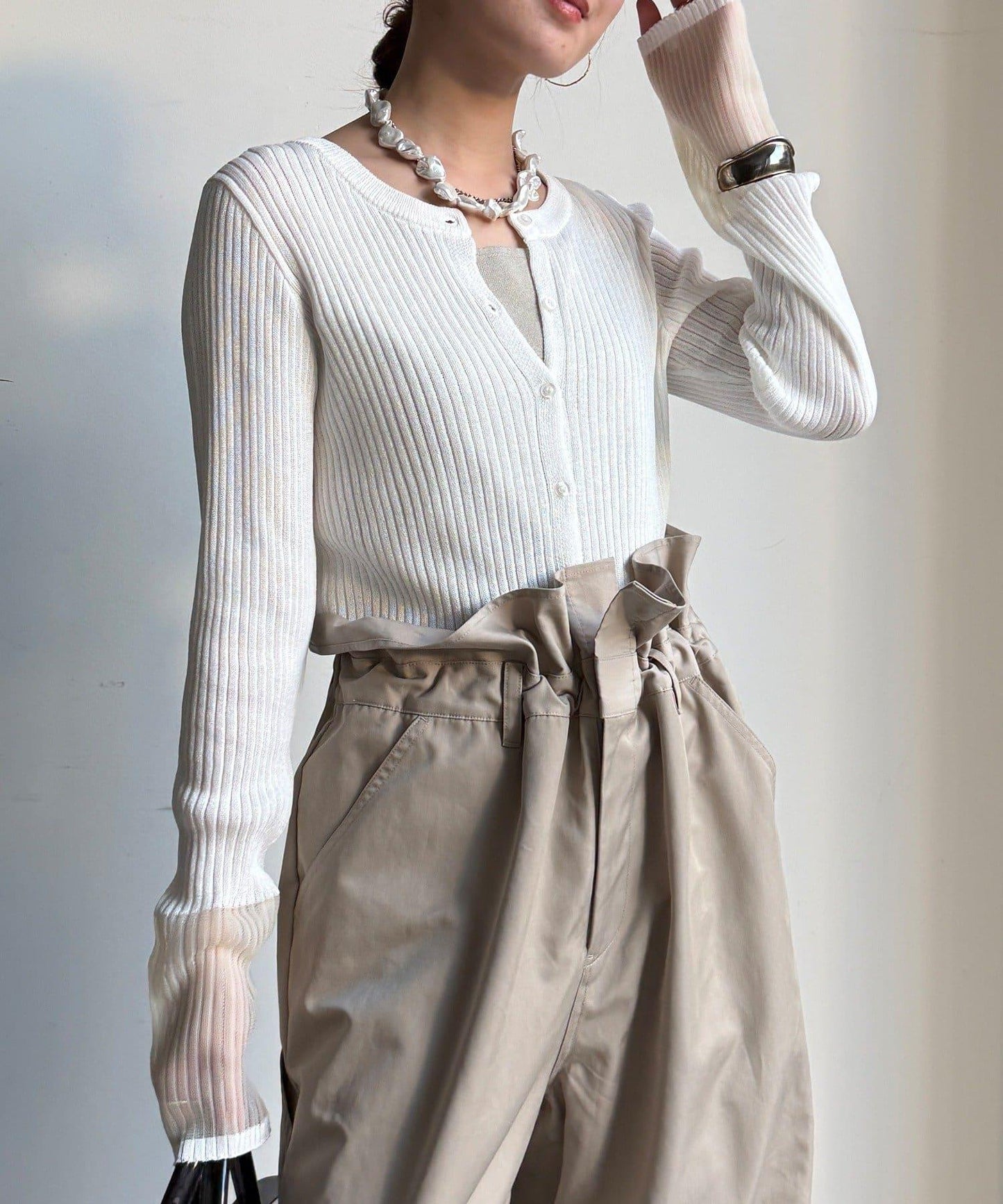 袖部透紗拼接羅紋針織開衫