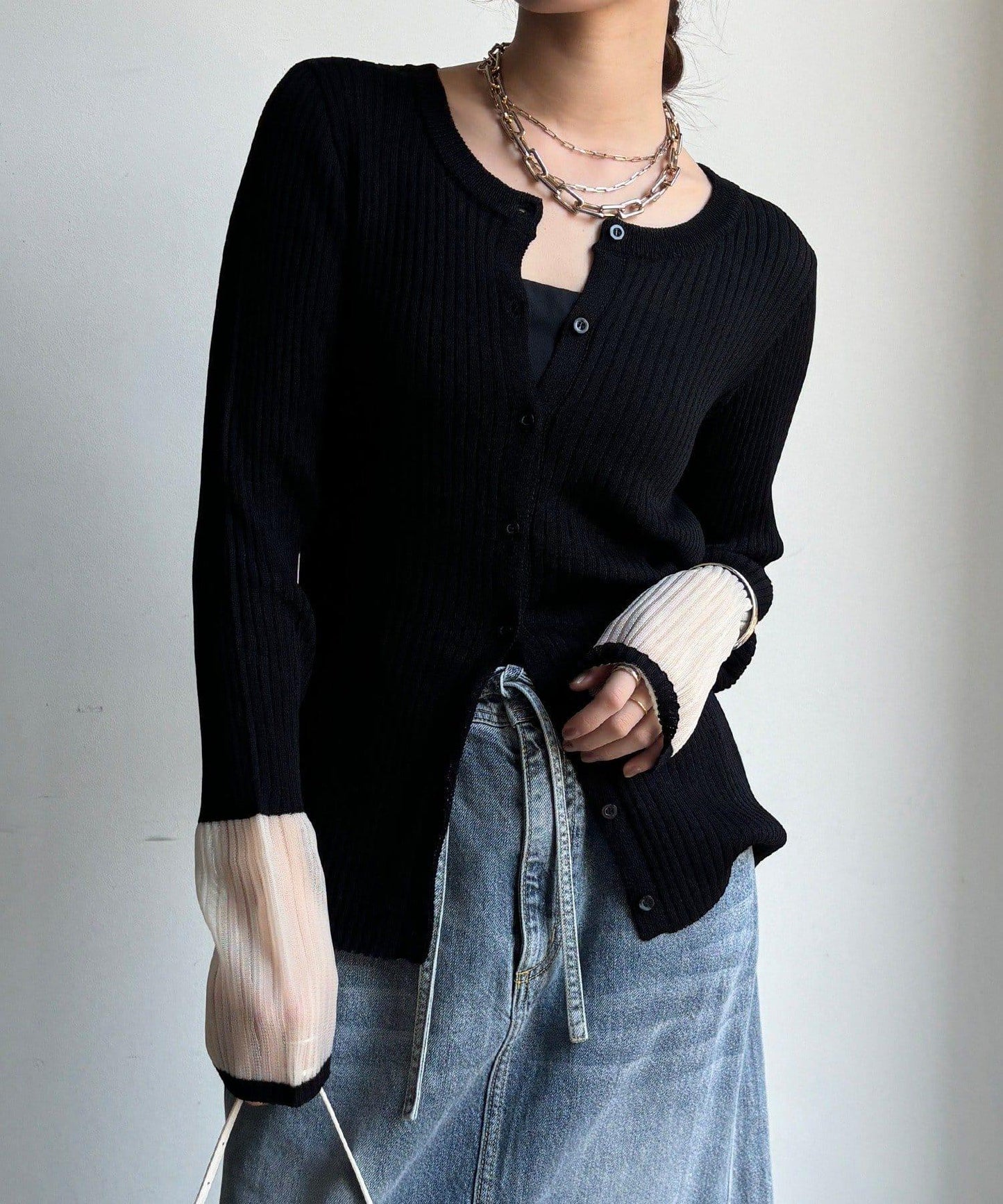 袖部透紗拼接羅紋針織開衫