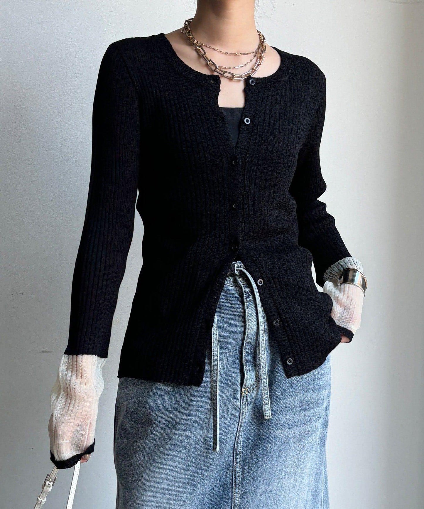 袖部透紗拼接羅紋針織開衫