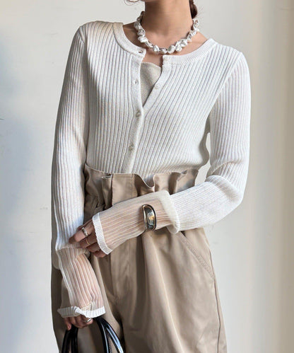 袖部透紗拼接羅紋針織開衫