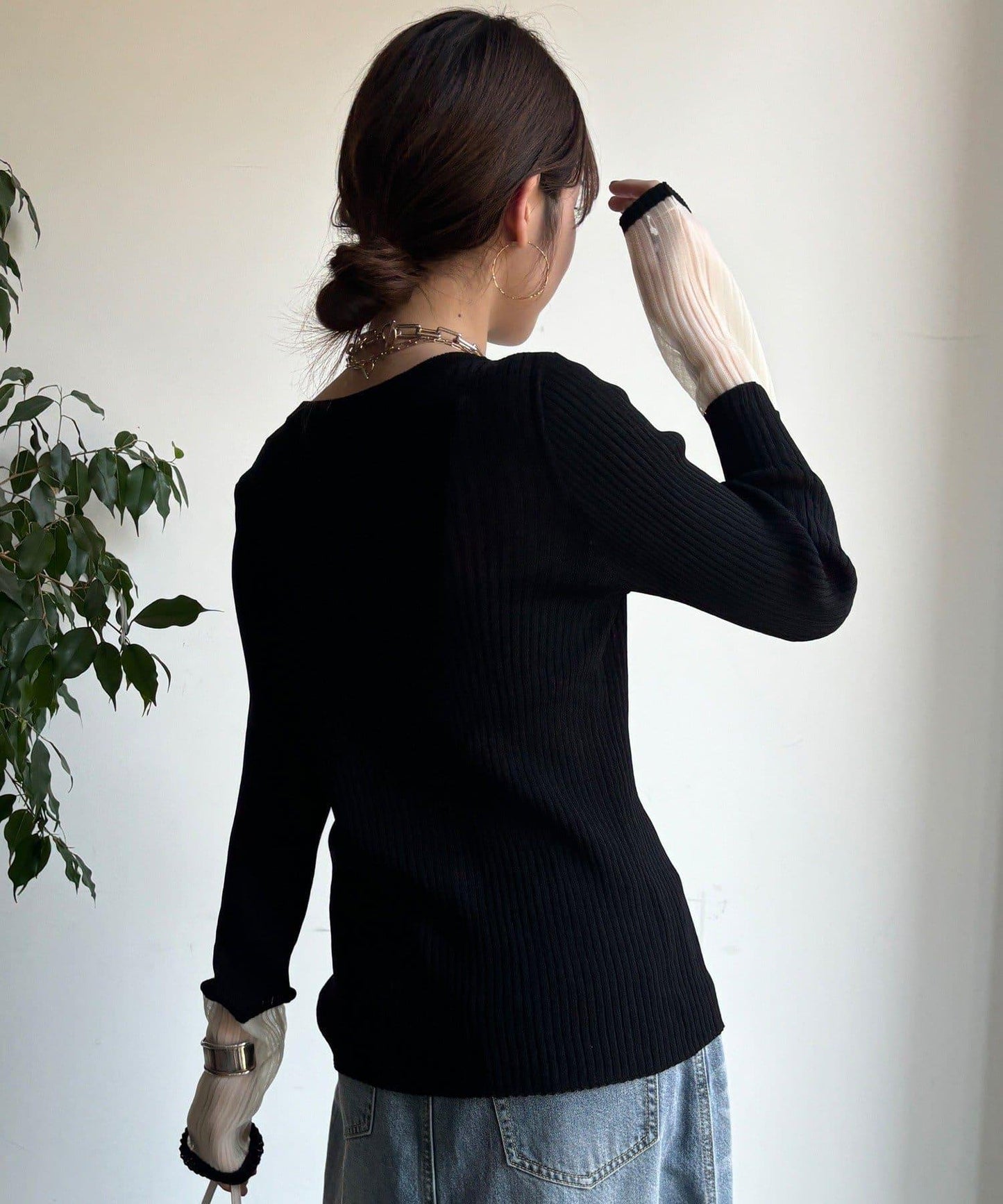 袖部透紗拼接羅紋針織開衫