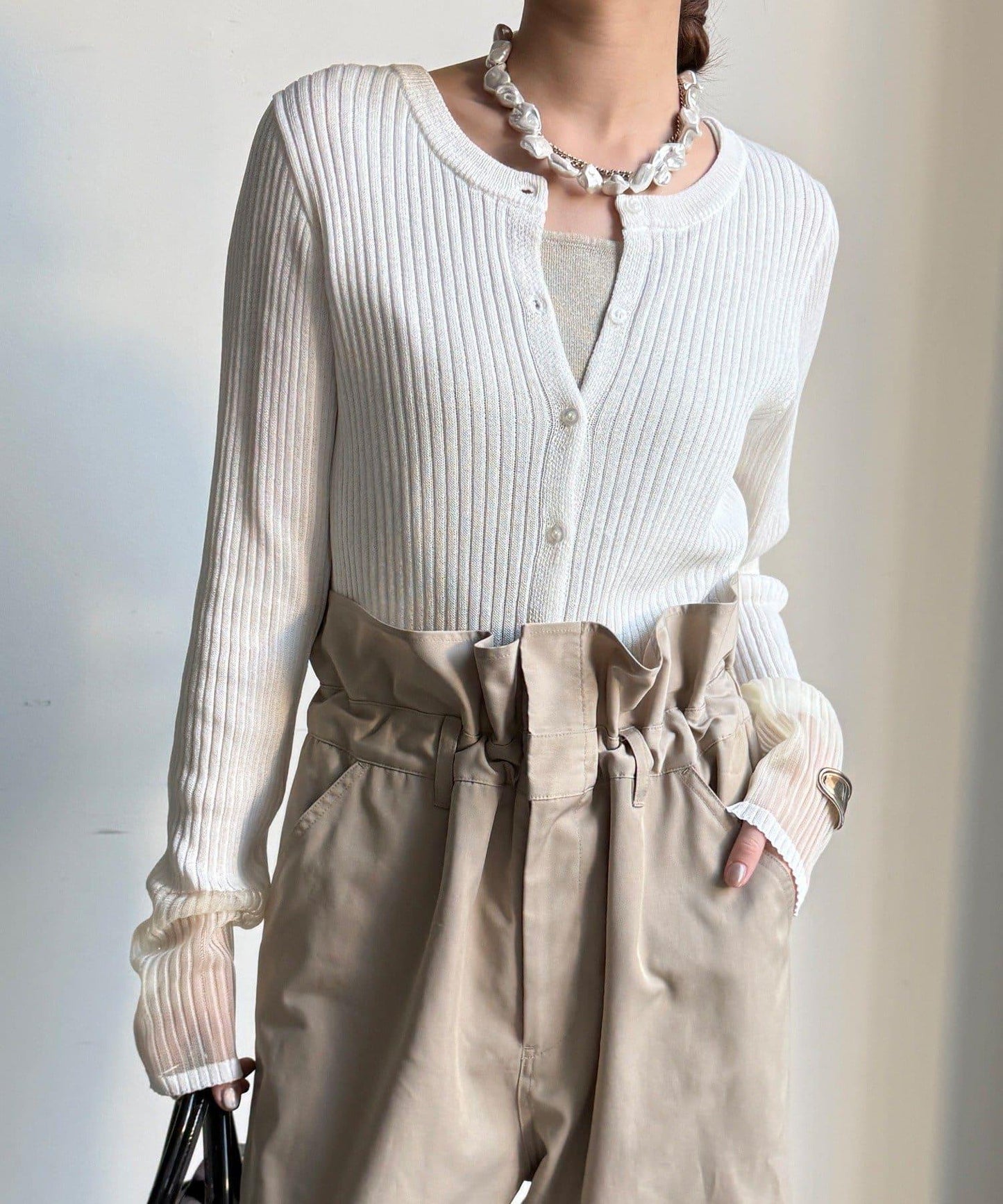 袖部透紗拼接羅紋針織開衫