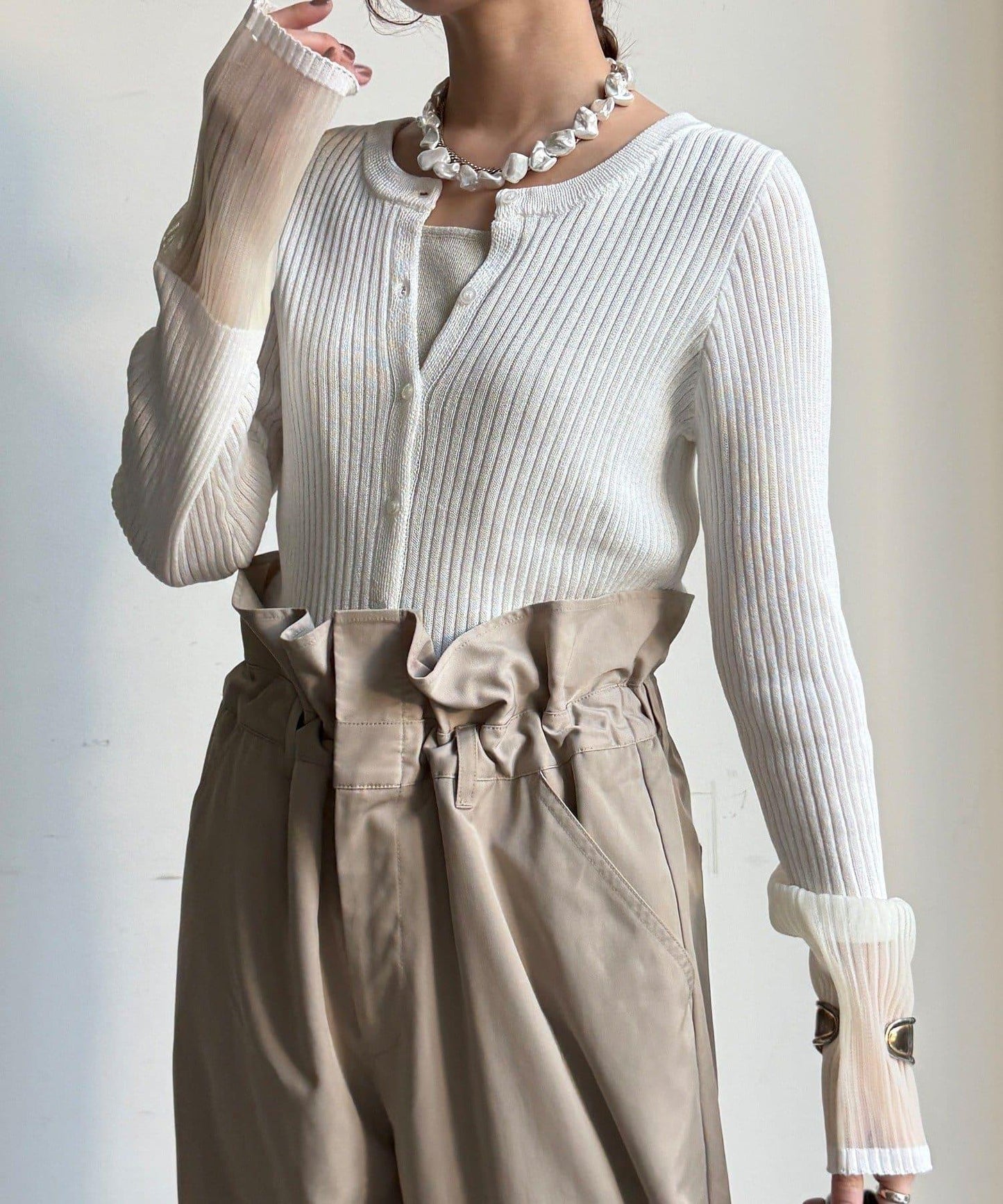 袖部透紗拼接羅紋針織開衫