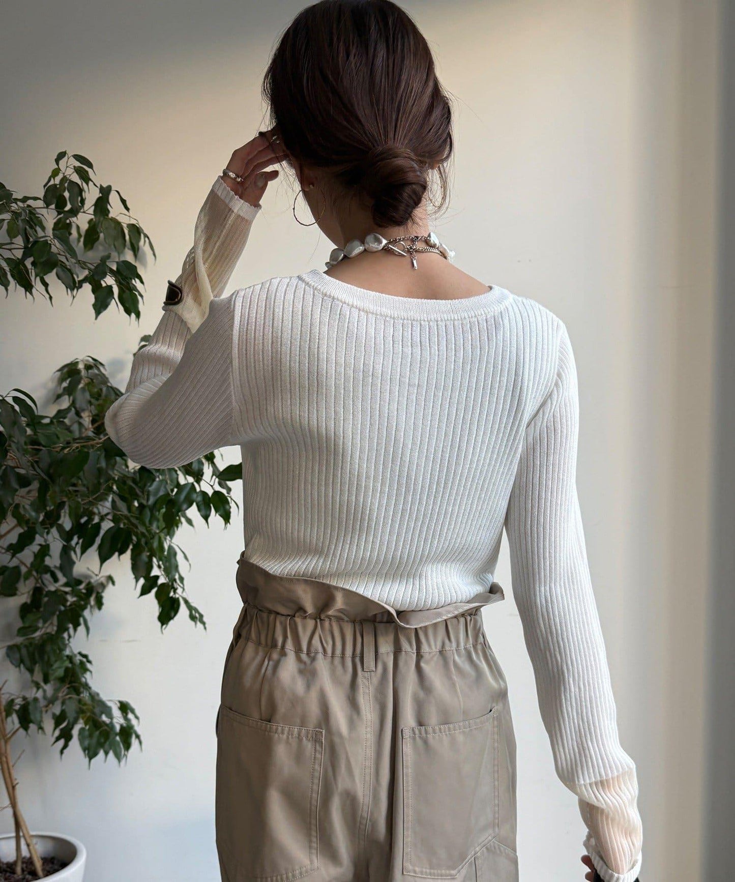 袖部透紗拼接羅紋針織開衫