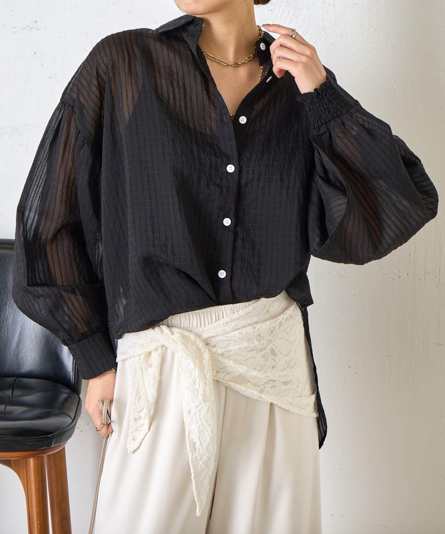 透紗條紋 中長款襯衫