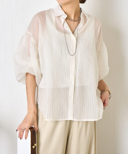 透紗條紋 中長款襯衫