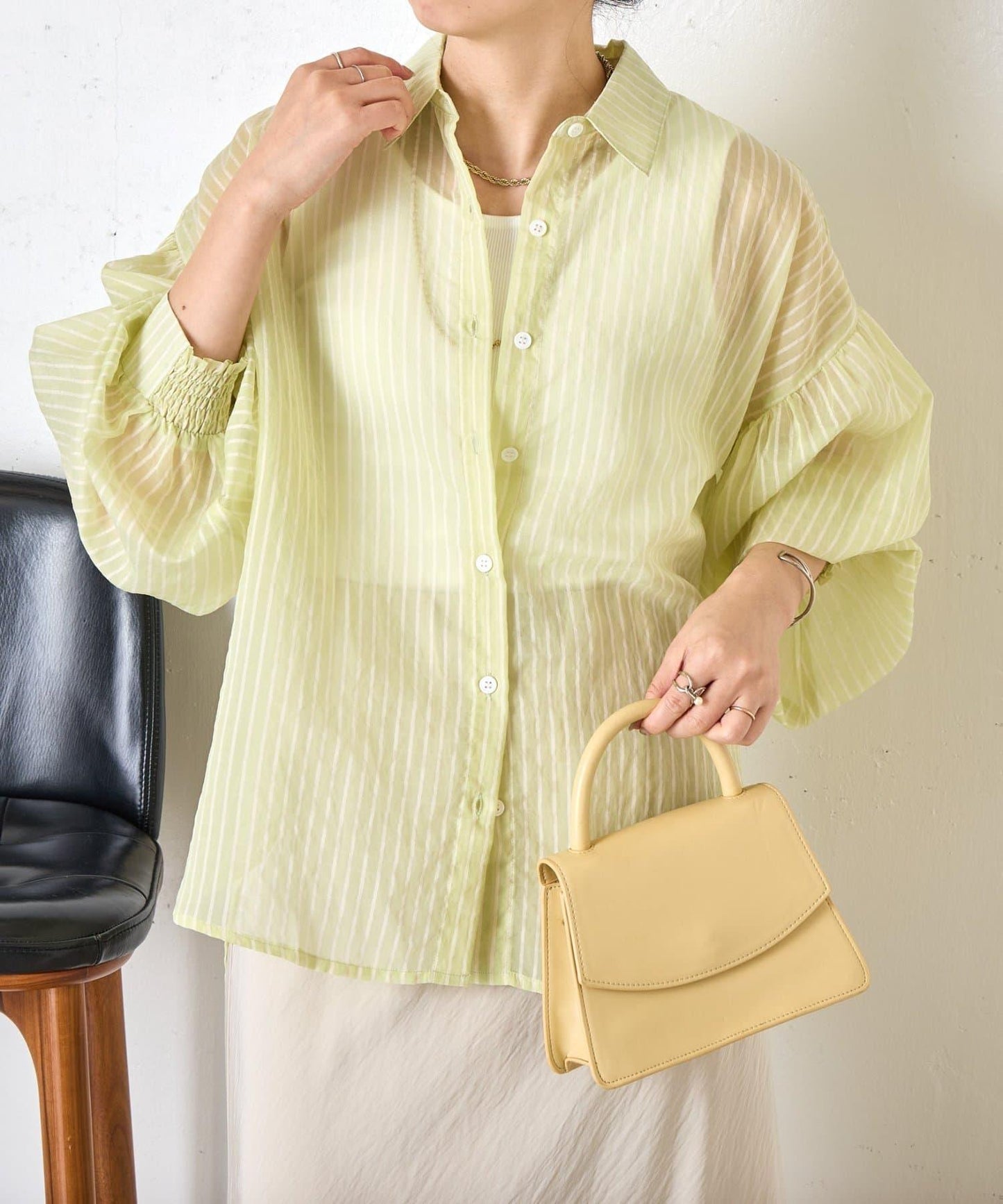 透紗條紋 中長款襯衫