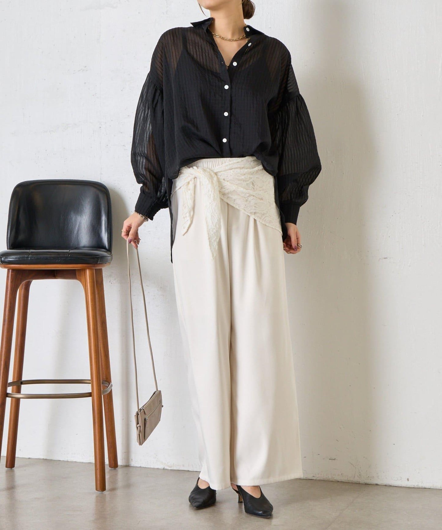 透紗條紋 中長款襯衫