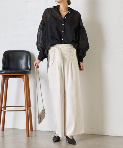 透紗條紋 中長款襯衫