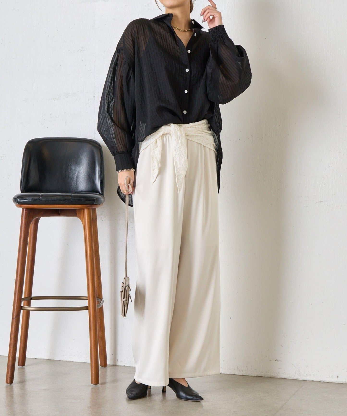 透紗條紋 中長款襯衫