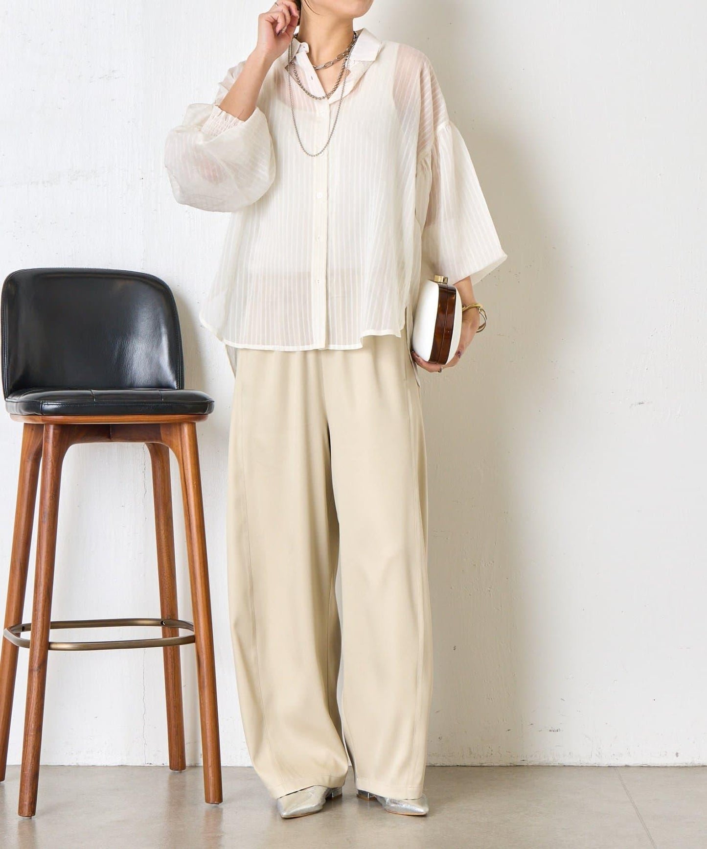 透紗條紋 中長款襯衫