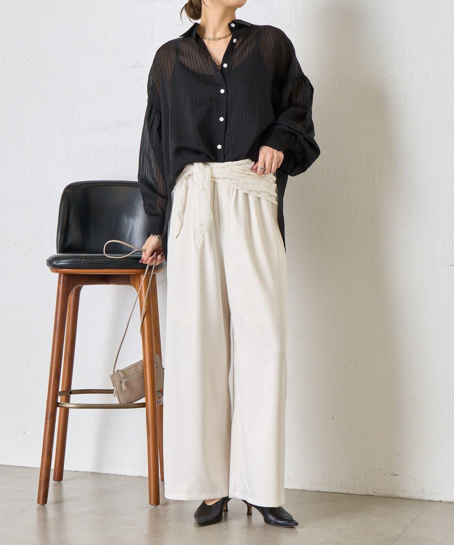 透紗條紋 中長款襯衫