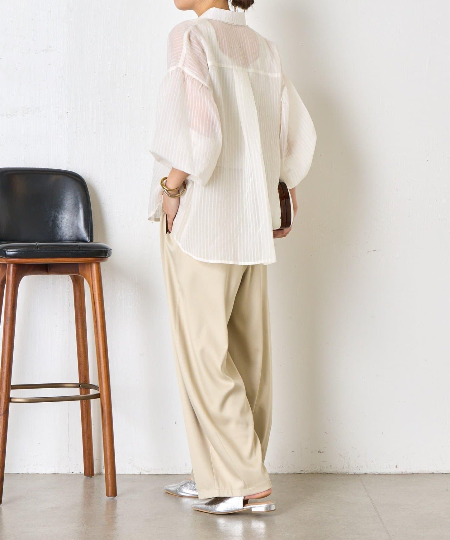 透紗條紋 中長款襯衫