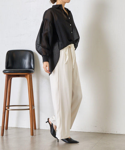 透紗條紋 中長款襯衫