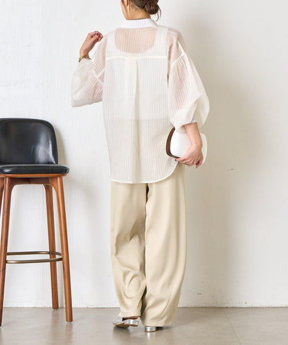 透紗條紋 中長款襯衫